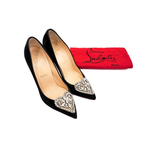 Christian Louboutin Crystal Heart Studded Black Suede Pumps Heels EU 37.5 - Picture 9 of 9
